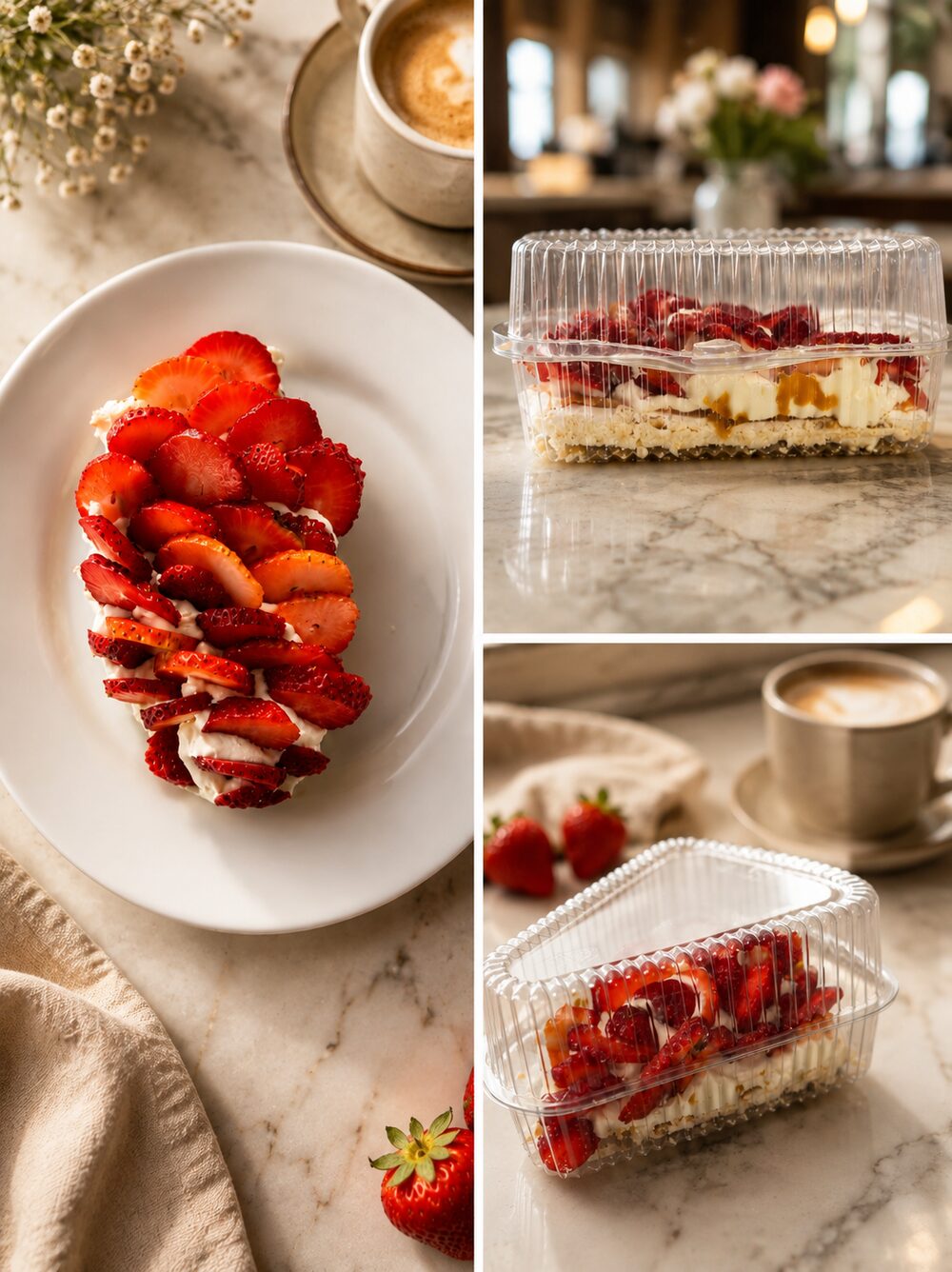 Pavlova de Pavlove servida y empacada, con fresas frescas