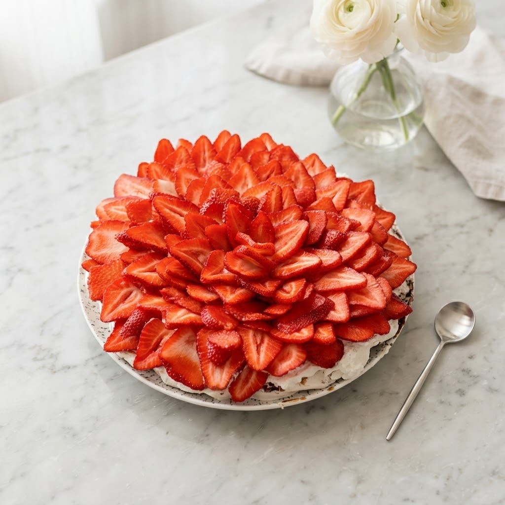 Pavlova de Pavlove con fresas en forma de flor