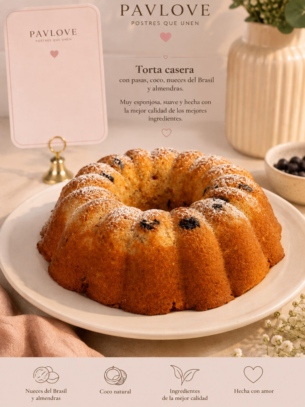 Torta casera de Pavlove con pasas, coco, nueces del Brasil y almendras